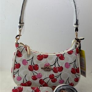 Designer inspired Cherry Patterned White Shoulder Bag w/wallet & crossbody strap